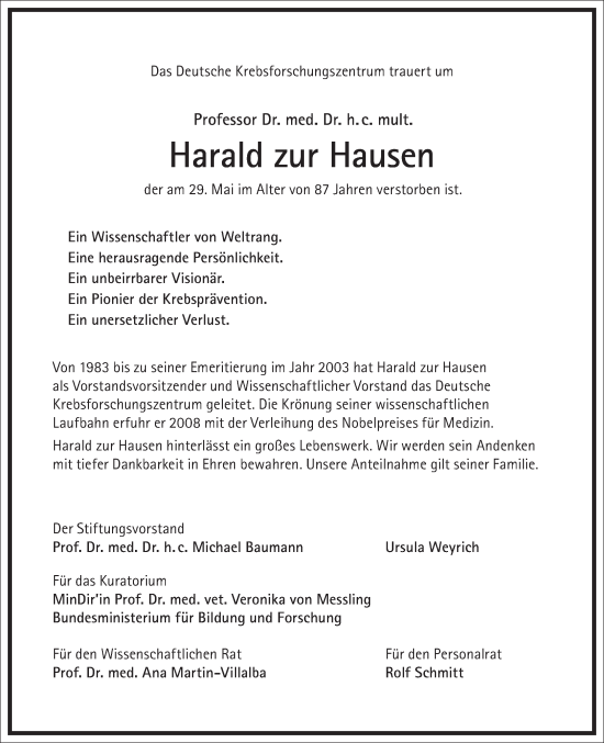 Traueranzeige von Harald zur Hausen von Frankfurter Allgemeine Zeitung
