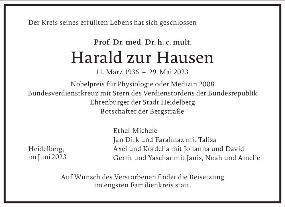  Traueranzeige für Harald zur Hausen vom 03.06.2023 aus Frankfurter Allgemeine Zeitung