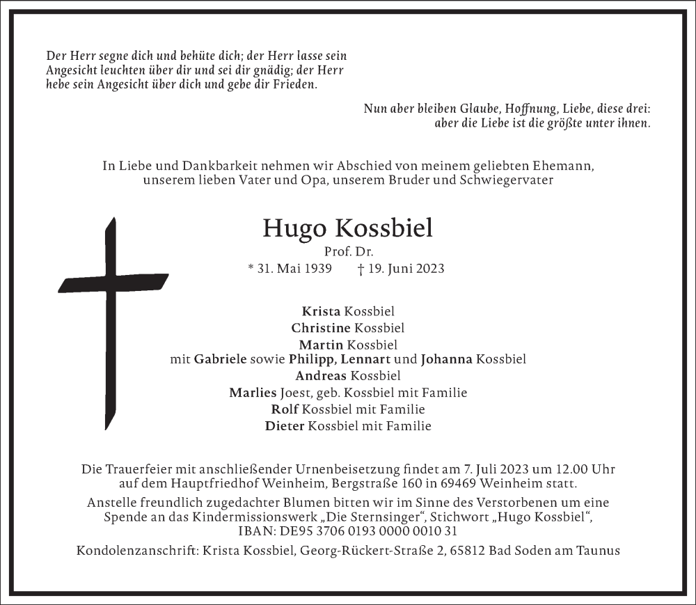  Traueranzeige für Hugo Kossbiel vom 01.07.2023 aus Frankfurter Allgemeine Zeitung