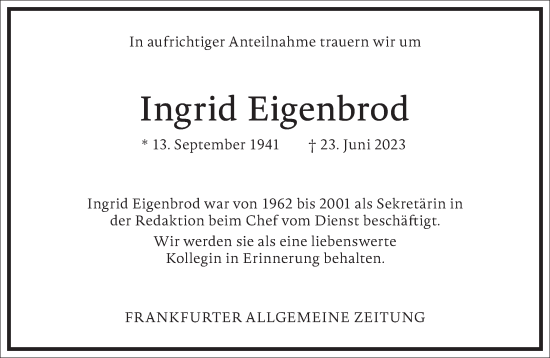 Traueranzeige von Ingrid Eigenbrod von Frankfurter Allgemeine Zeitung