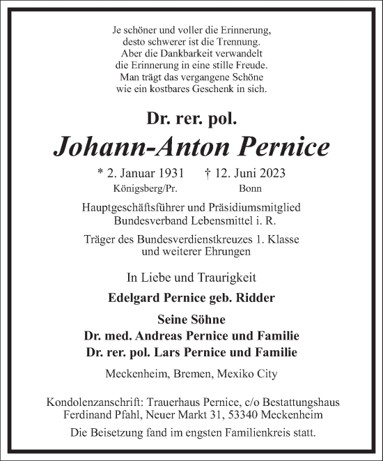 Traueranzeige von Johann-Anton Pernice von Frankfurter Allgemeine Zeitung