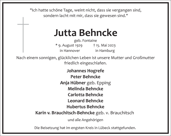Traueranzeige von Jutta Behncke von Frankfurter Allgemeine Zeitung