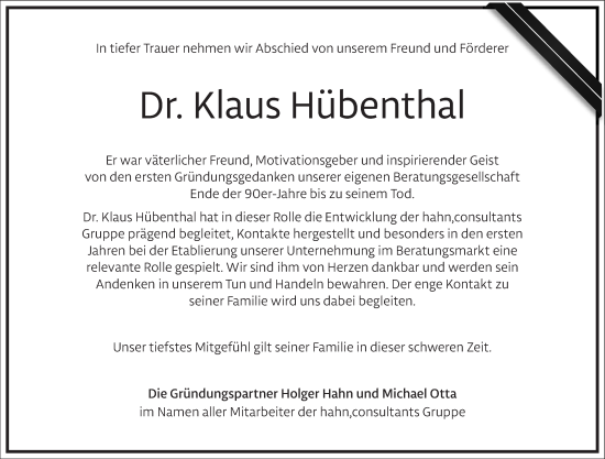 Traueranzeige von Klaus Hübenthal von Frankfurter Allgemeine Zeitung