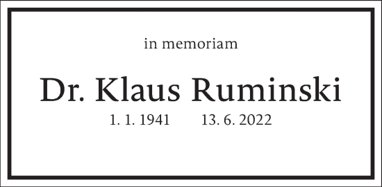 Traueranzeige von Klaus Ruminski von Frankfurter Allgemeine Zeitung