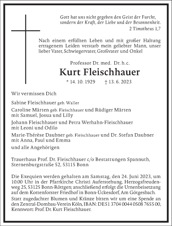 Traueranzeige von Kurt Fleischhauer von Frankfurter Allgemeine Zeitung