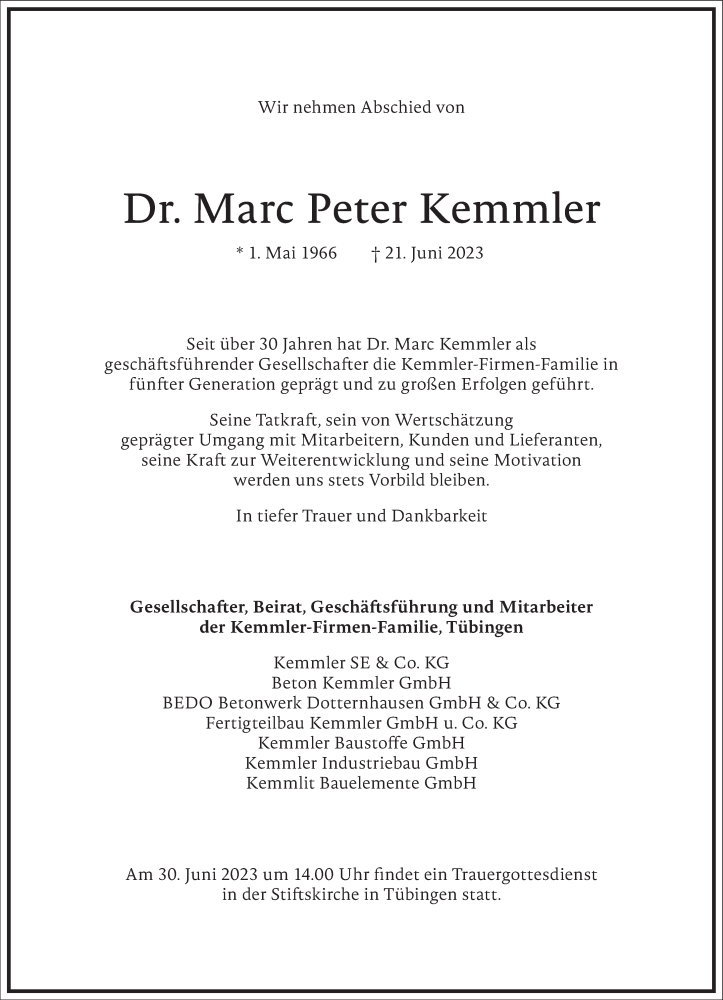  Traueranzeige für Marc Peter Kemmler vom 24.06.2023 aus Frankfurter Allgemeine Zeitung