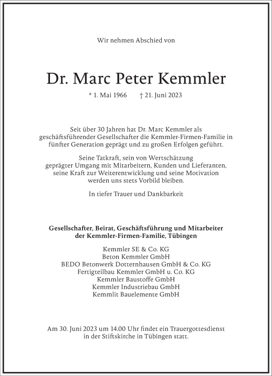 Traueranzeige von Marc Peter Kemmler von Frankfurter Allgemeine Zeitung