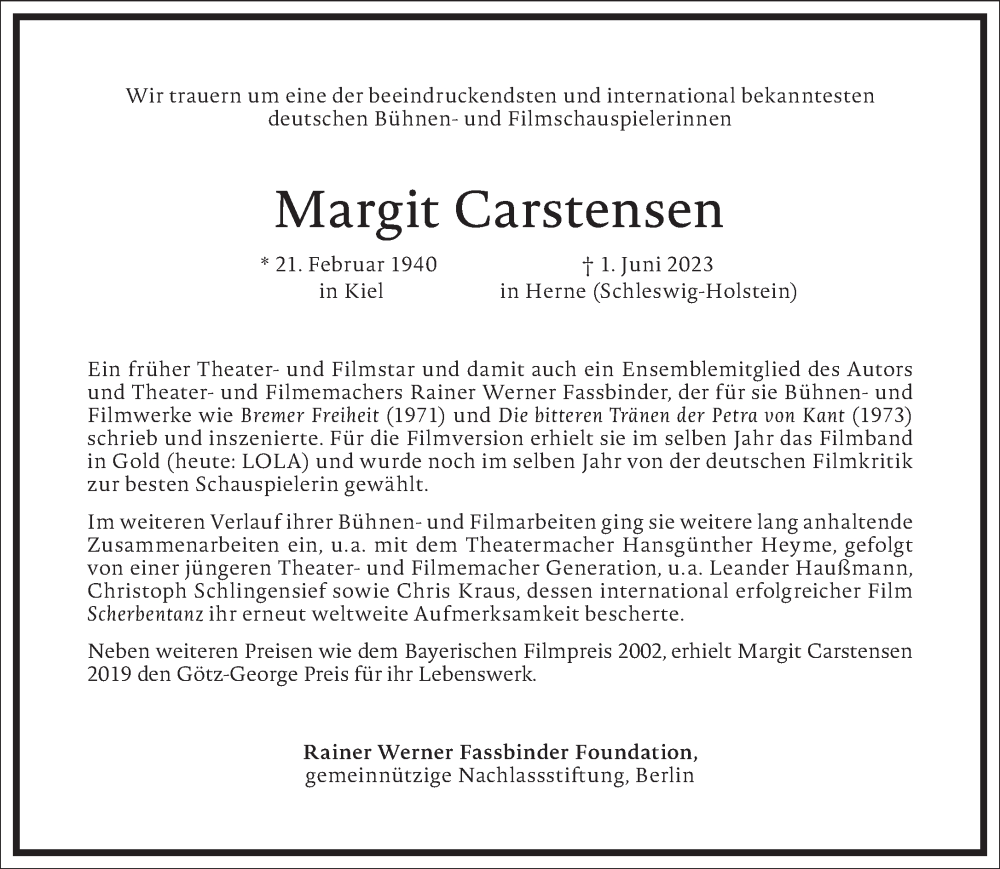  Traueranzeige für Margit Carstensen vom 17.06.2023 aus Frankfurter Allgemeine Zeitung