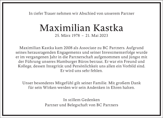 Traueranzeige von Maximilian Kastka von Frankfurter Allgemeine Zeitung