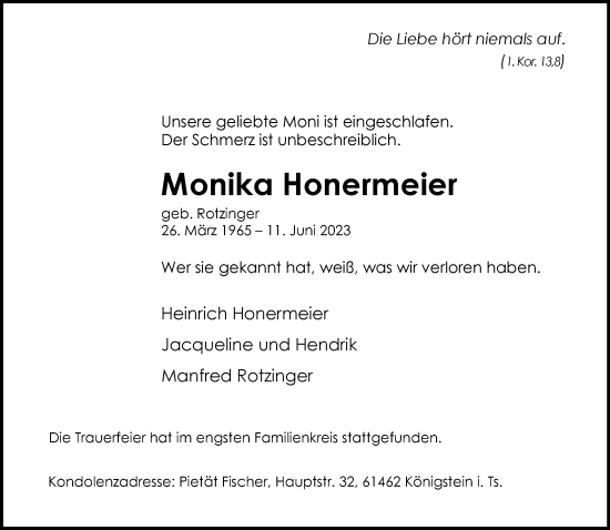 Traueranzeige von Monika Honermeier von Frankfurter Allgemeine Zeitung