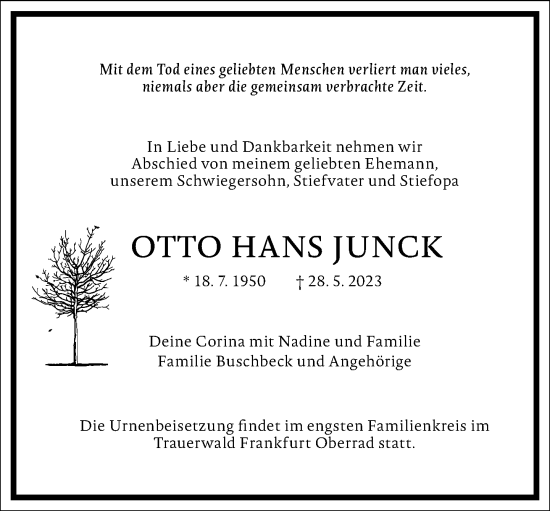 Traueranzeige von Otto Hans Junck von Frankfurter Allgemeine Zeitung