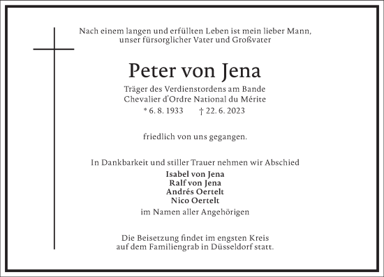Traueranzeige von Peter von Jena von Frankfurter Allgemeine Zeitung