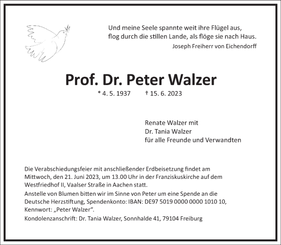 Traueranzeige von Peter Walzer von Frankfurter Allgemeine Zeitung