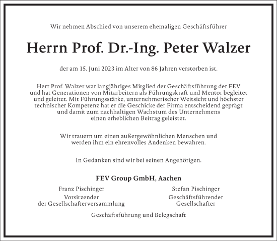 Traueranzeige von Peter Walzer von Frankfurter Allgemeine Zeitung