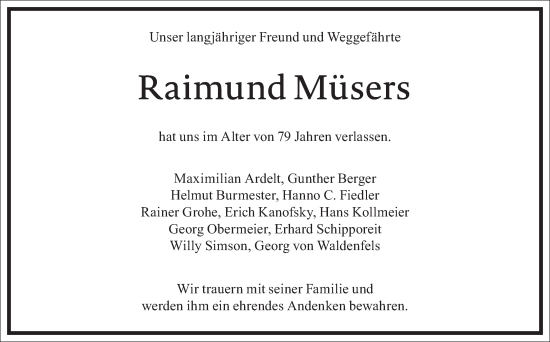 Traueranzeige von Raimund Müsers von Frankfurter Allgemeine Zeitung