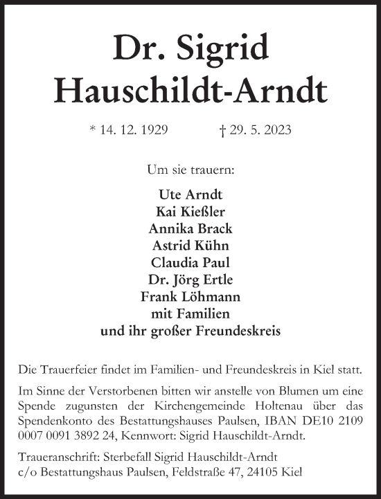 Traueranzeige von Sigrid Hauschildt-Arndt von Frankfurter Allgemeine Zeitung