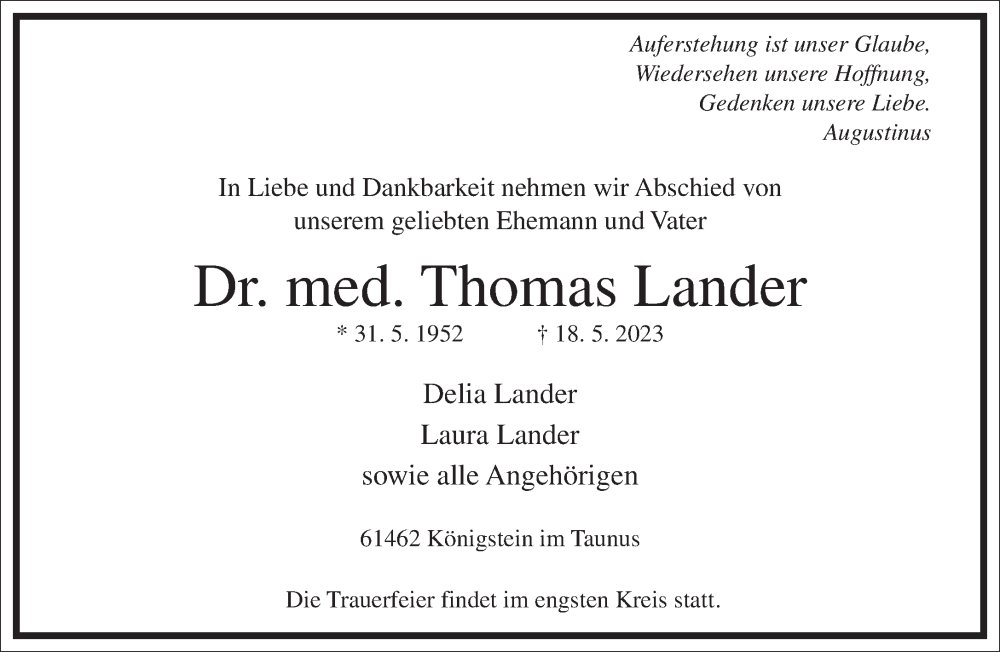  Traueranzeige für Thomas Lander vom 17.06.2023 aus Frankfurter Allgemeine Zeitung