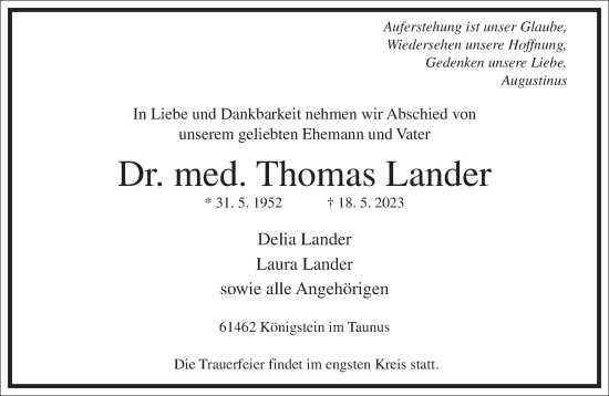 Traueranzeige von Thomas Lander von Frankfurter Allgemeine Zeitung