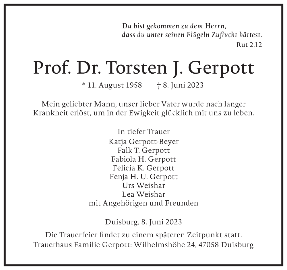  Traueranzeige für Torsten J. Gerpott vom 10.06.2023 aus Frankfurter Allgemeine Zeitung