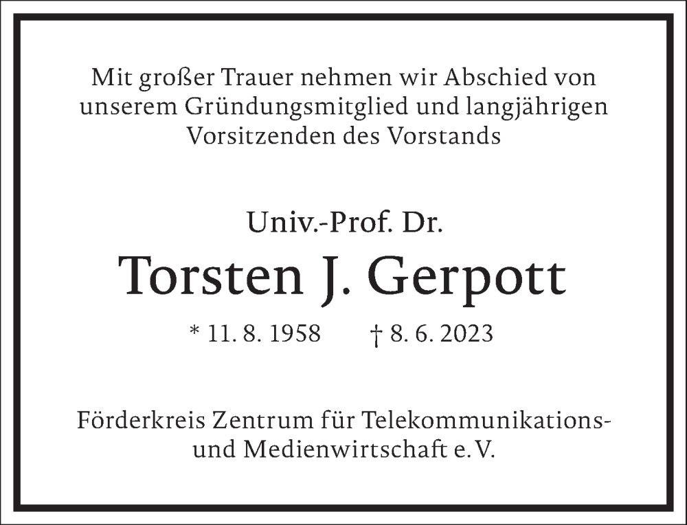  Traueranzeige für Torsten J. Gerpott vom 12.06.2023 aus Frankfurter Allgemeine Zeitung
