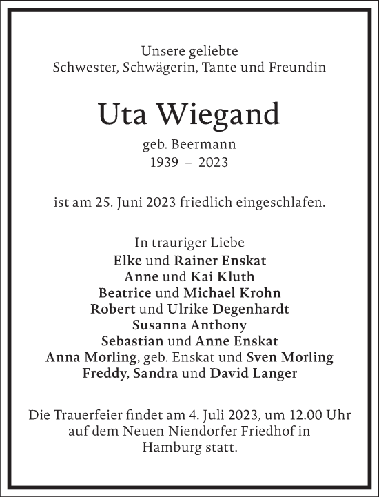 Traueranzeige von Uta Wiegand von Frankfurter Allgemeine Zeitung