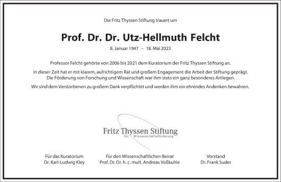 Traueranzeige von Utz-Hellmuth Felcht von Frankfurter Allgemeine Zeitung