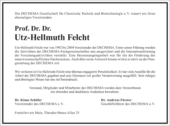 Traueranzeige von Utz-Hellmuth Felcht von Frankfurter Allgemeine Zeitung