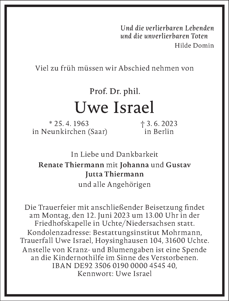  Traueranzeige für Uwe Israel vom 07.06.2023 aus Frankfurter Allgemeine Zeitung