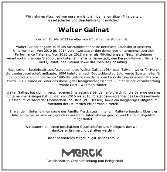 Traueranzeige von Walter Galinat von Frankfurter Allgemeine Zeitung