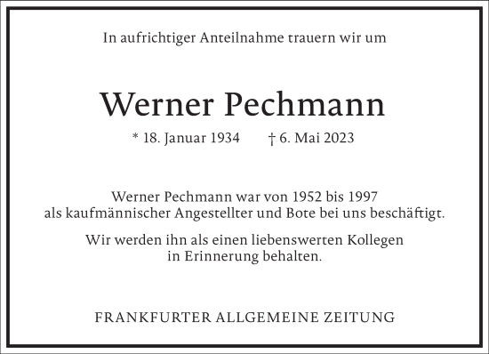 Traueranzeige von Werner Pechmann von Frankfurter Allgemeine Zeitung