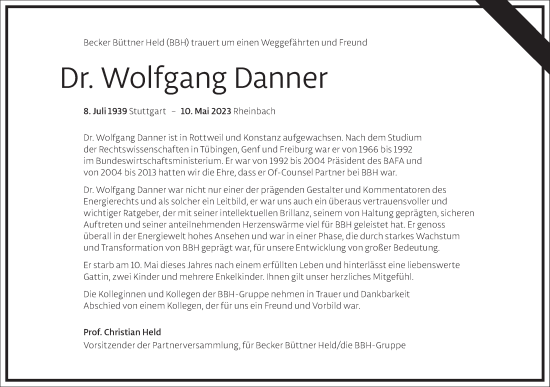 Traueranzeige von Wolfgang Danner von Frankfurter Allgemeine Zeitung