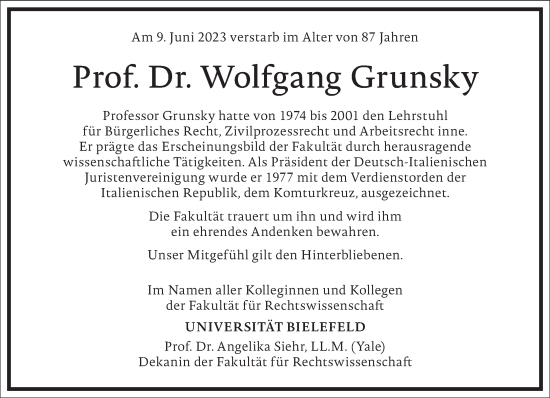 Traueranzeige von Wolfgang Grunsky von Frankfurter Allgemeine Zeitung