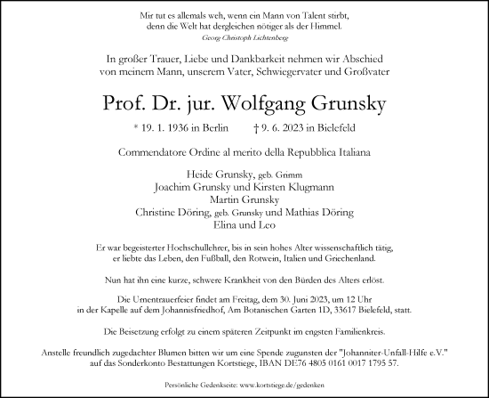 Traueranzeige von Wolfgang Grunsky von Frankfurter Allgemeine Zeitung