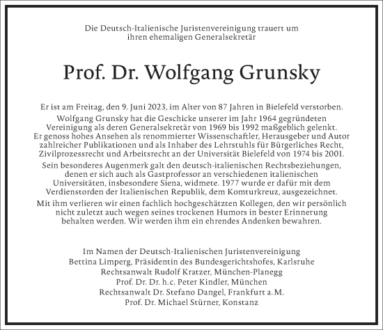 Traueranzeige von Wolfgang Grunsky von Frankfurter Allgemeine Zeitung