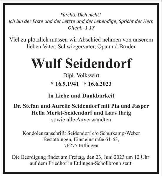 Traueranzeige von Wulf Seidendorf von Frankfurter Allgemeine Zeitung