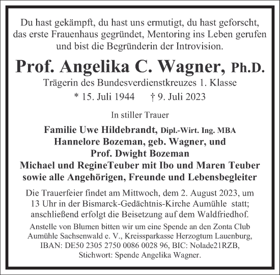 Traueranzeige von Angelika C. Wagner von Frankfurter Allgemeine Zeitung