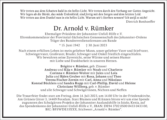 Traueranzeige von Arnold v. Rümker von Frankfurter Allgemeine Zeitung