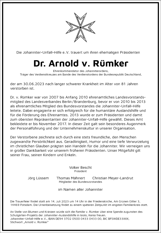 Traueranzeige von Arnold v. Rümker von Frankfurter Allgemeine Zeitung