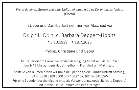 Traueranzeige von Barbara Deppert-Lippitz von Frankfurter Allgemeine Zeitung