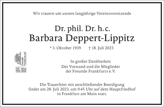 Traueranzeige von Barbara Deppert-Lippitz von Frankfurter Allgemeine Zeitung