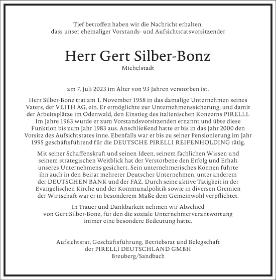 Traueranzeige von Gert Silber-Bonz von Frankfurter Allgemeine Zeitung