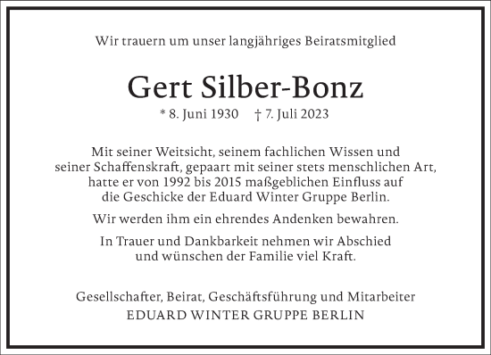 Traueranzeige von Gert Silber-Bonz von Frankfurter Allgemeine Zeitung