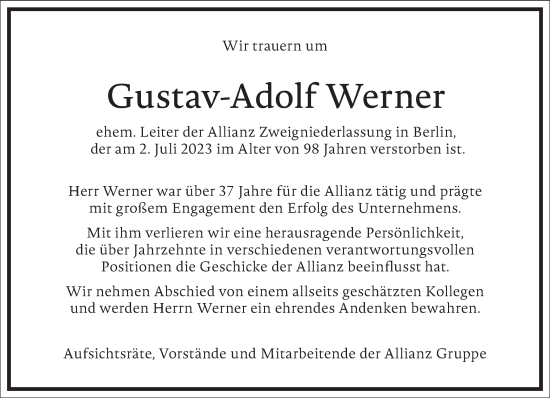 Traueranzeige von Gustav-Adolf Werner von Frankfurter Allgemeine Zeitung
