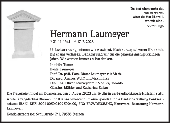 Traueranzeige von Hermann Laumeyer von Frankfurter Allgemeine Zeitung