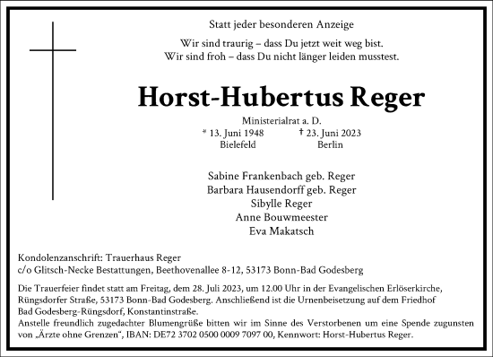 Traueranzeige von Horst-Hubertus Reger von Frankfurter Allgemeine Zeitung