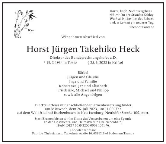 Traueranzeige von Horst Jürgen Takehiko Heck von Frankfurter Allgemeine Zeitung