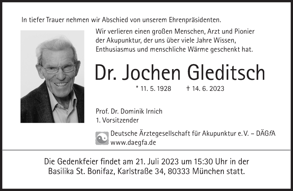  Traueranzeige für Jochen Gleditsch vom 20.07.2023 aus Frankfurter Allgemeine Zeitung