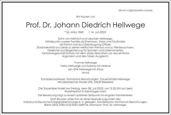 Traueranzeige von Johann Diedrich Hellwege von Frankfurter Allgemeine Zeitung