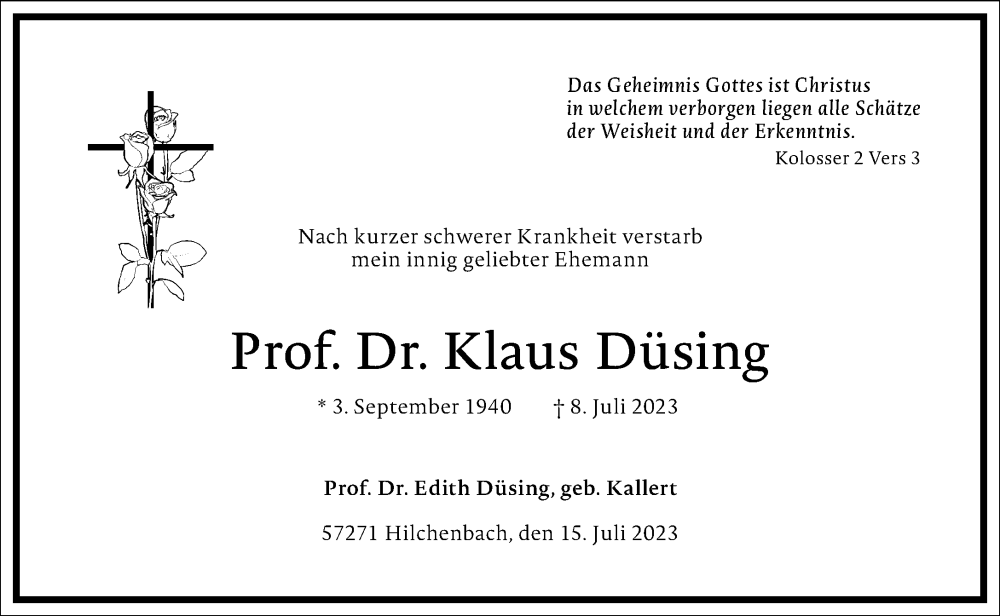  Traueranzeige für Klaus Düsing vom 15.07.2023 aus Frankfurter Allgemeine Zeitung