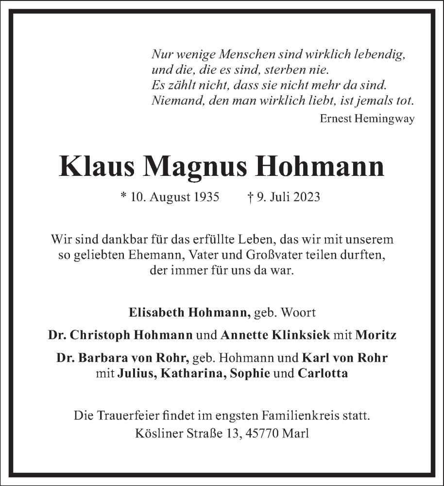  Traueranzeige für Klaus Magnus Hohmann vom 14.07.2023 aus Frankfurter Allgemeine Zeitung